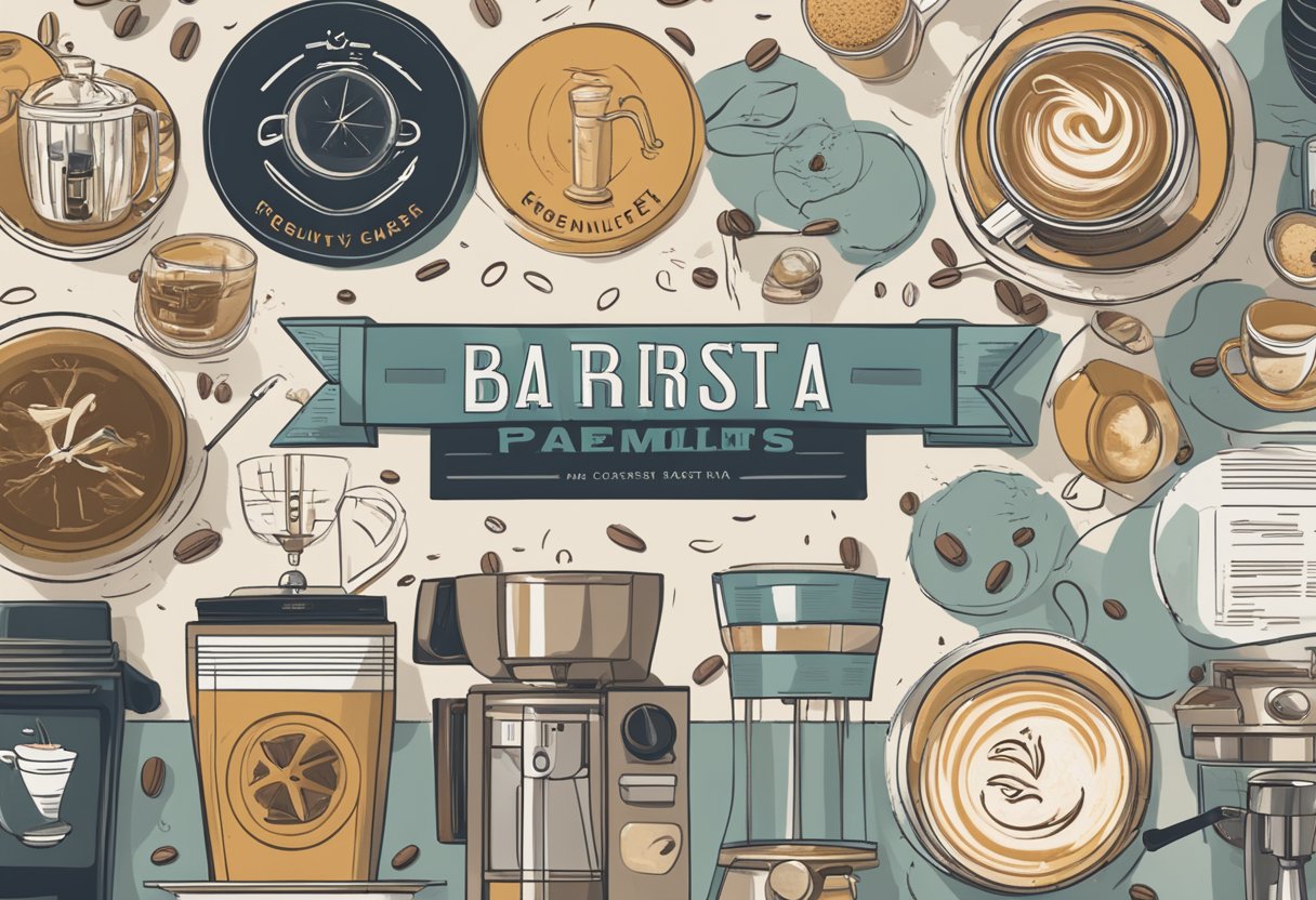 A barista course pamphlet with "Frequently Asked Questions" displayed prominently, surrounded by coffee beans, espresso machines, and latte art