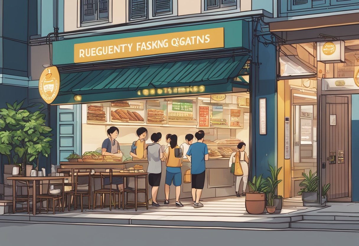A bustling store front with a large sign reading "Frequently Asked Questions" at Bee Cheng Hiang in Singapore. Customers come and go, and the aroma of grilled meat fills the air