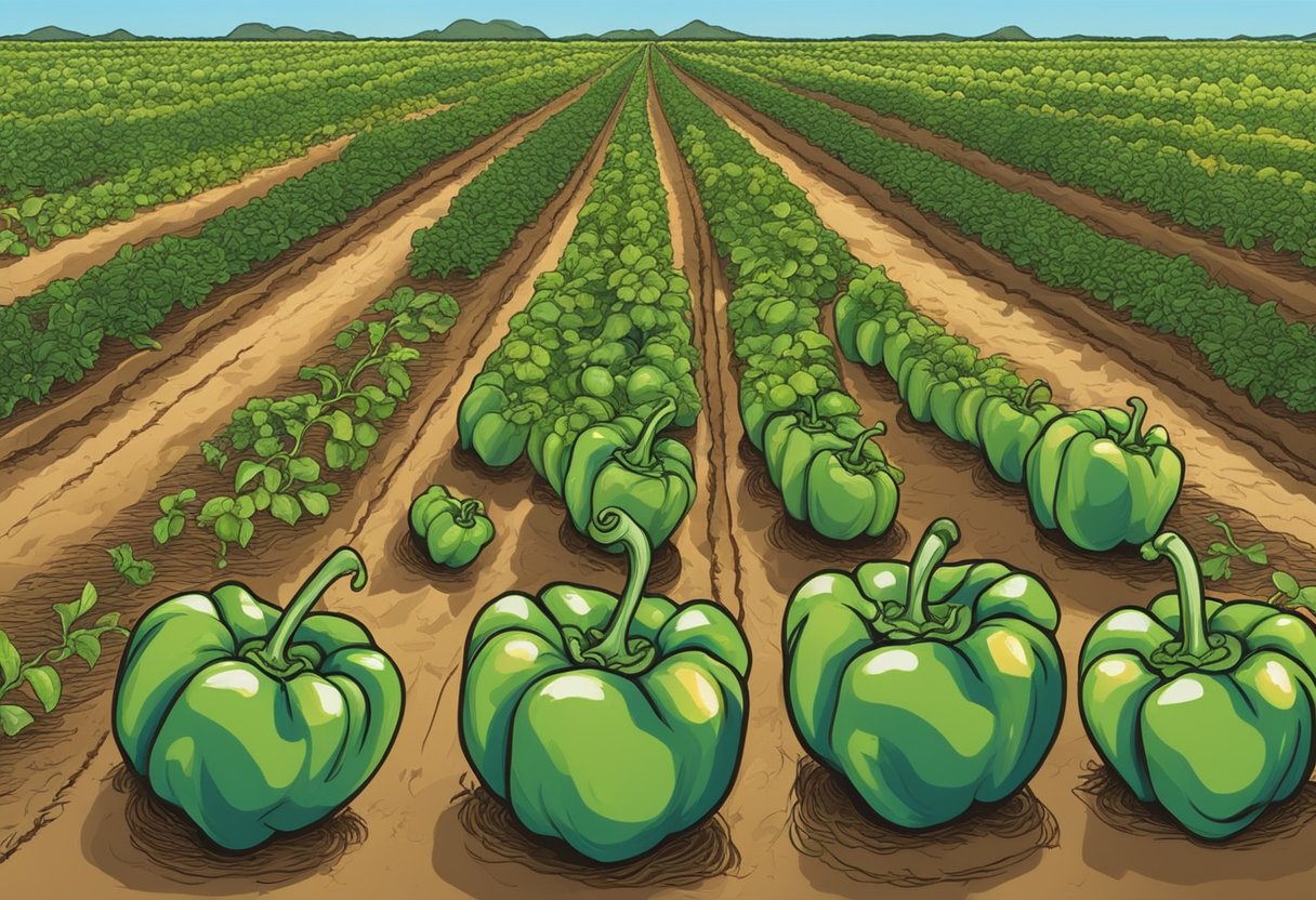Bell peppers being planted in Texas soil under the warm sun, with a backdrop of a clear blue sky and gentle breeze
