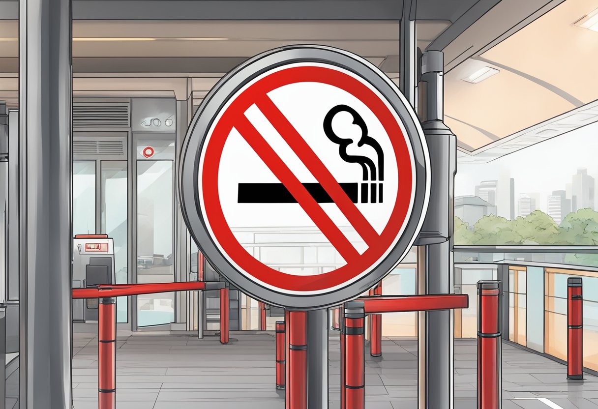 A no smoking sign with a red circle and line through a vape pen, displayed prominently in a public area in Singapore