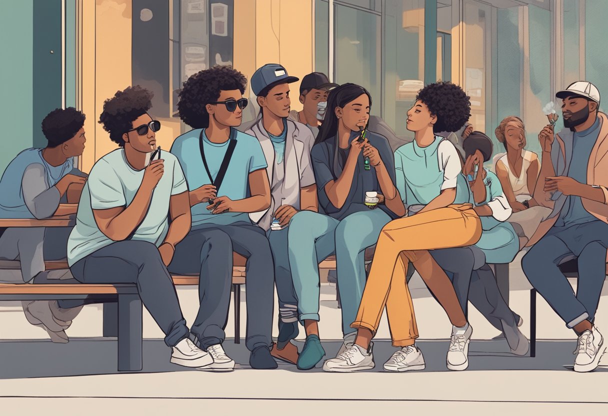A group of young people gather in a designated smoking area, but instead of traditional cigarettes, they are seen using vaping devices. The surrounding air is filled with flavored vapor as they socialize and relax