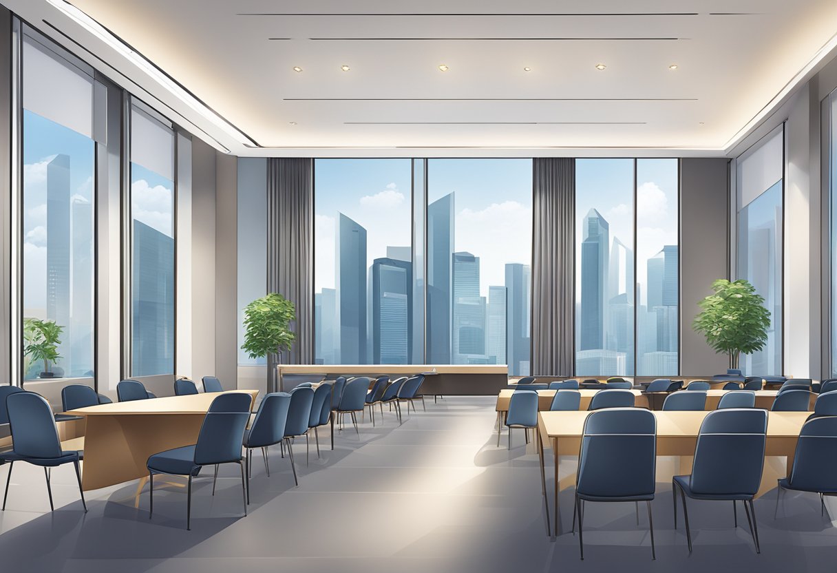 The Singapore Business Federation hosts a conference in a modern, spacious hall with sleek, minimalist decor and large windows overlooking the city skyline