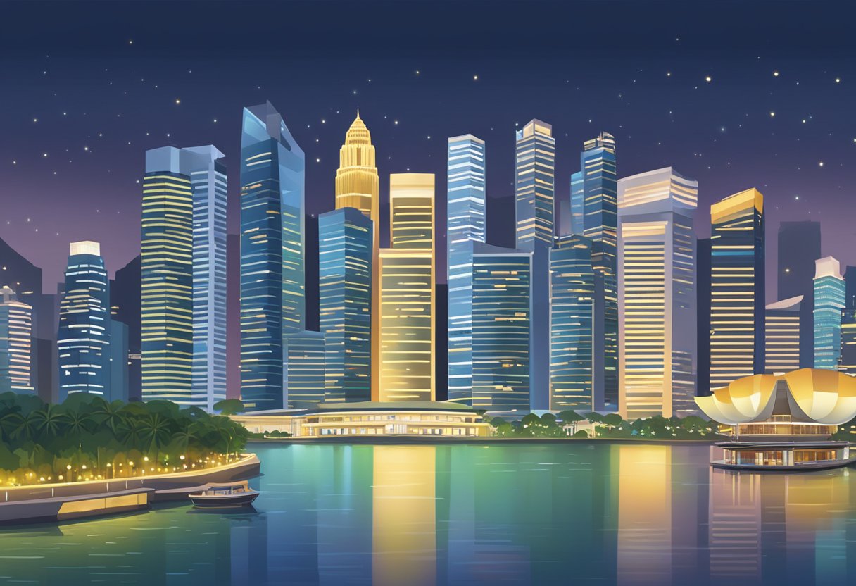 The iconic Singapore skyline at night, with vibrant city lights reflected in the calm waters of Marina Bay