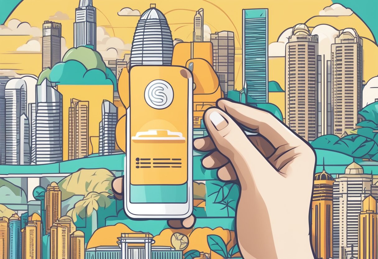A hand holding a Singapore SIM card with iconic landmarks in the background