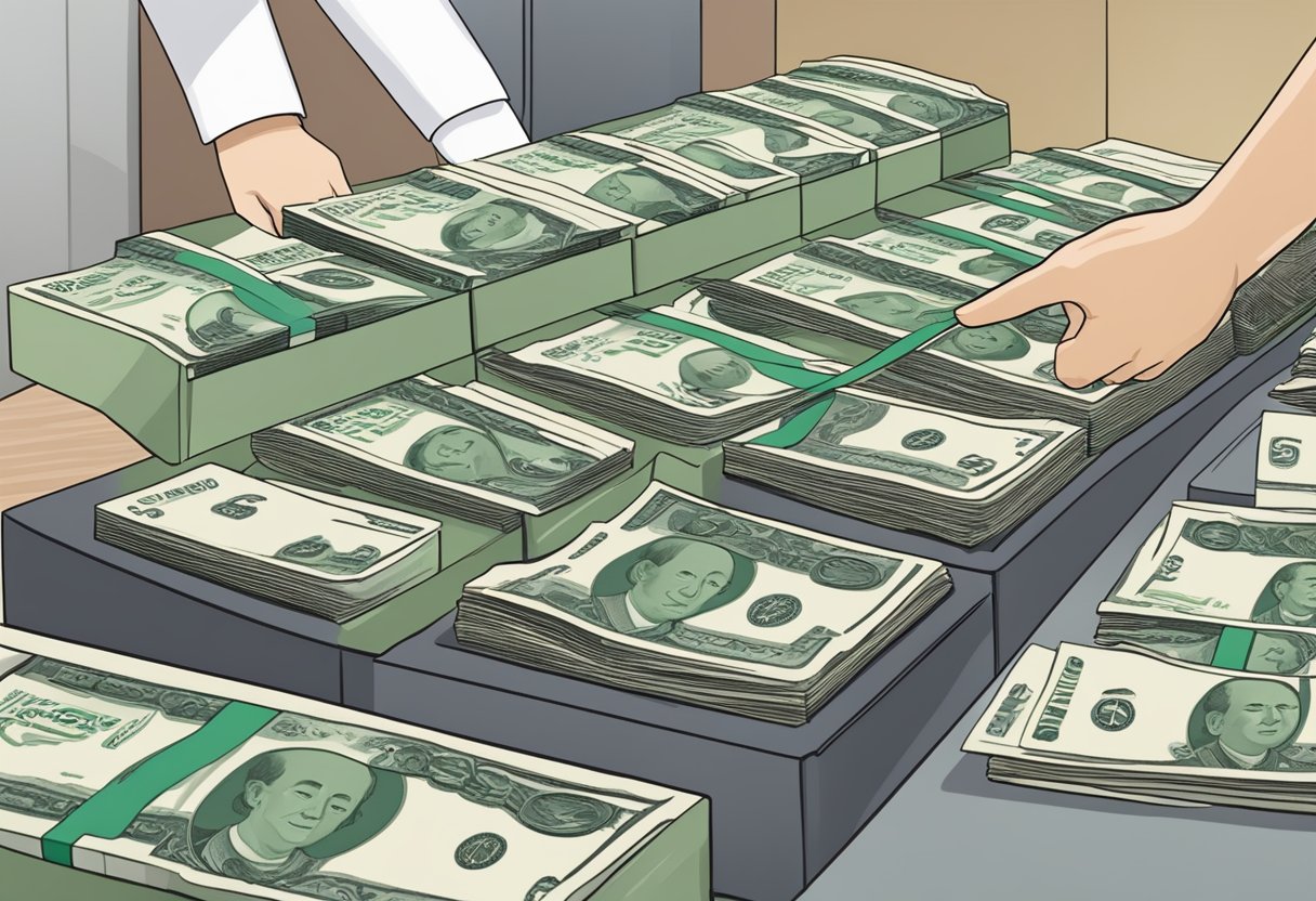 A stack of Singapore dollar bills being exchanged for Japanese yen at a currency exchange counter