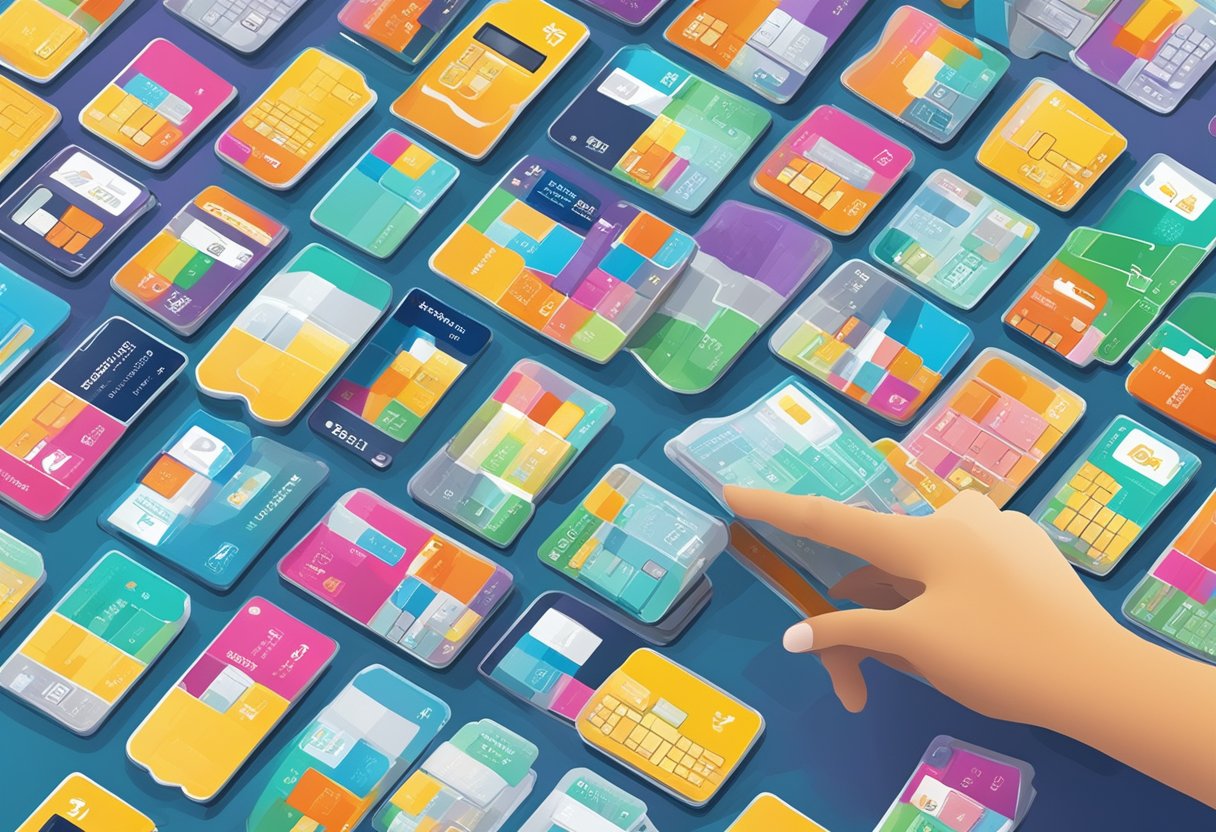 A hand reaches for a display of colorful Singapore SIM cards, each with different data and call plans. The backdrop shows iconic Singapore landmarks
