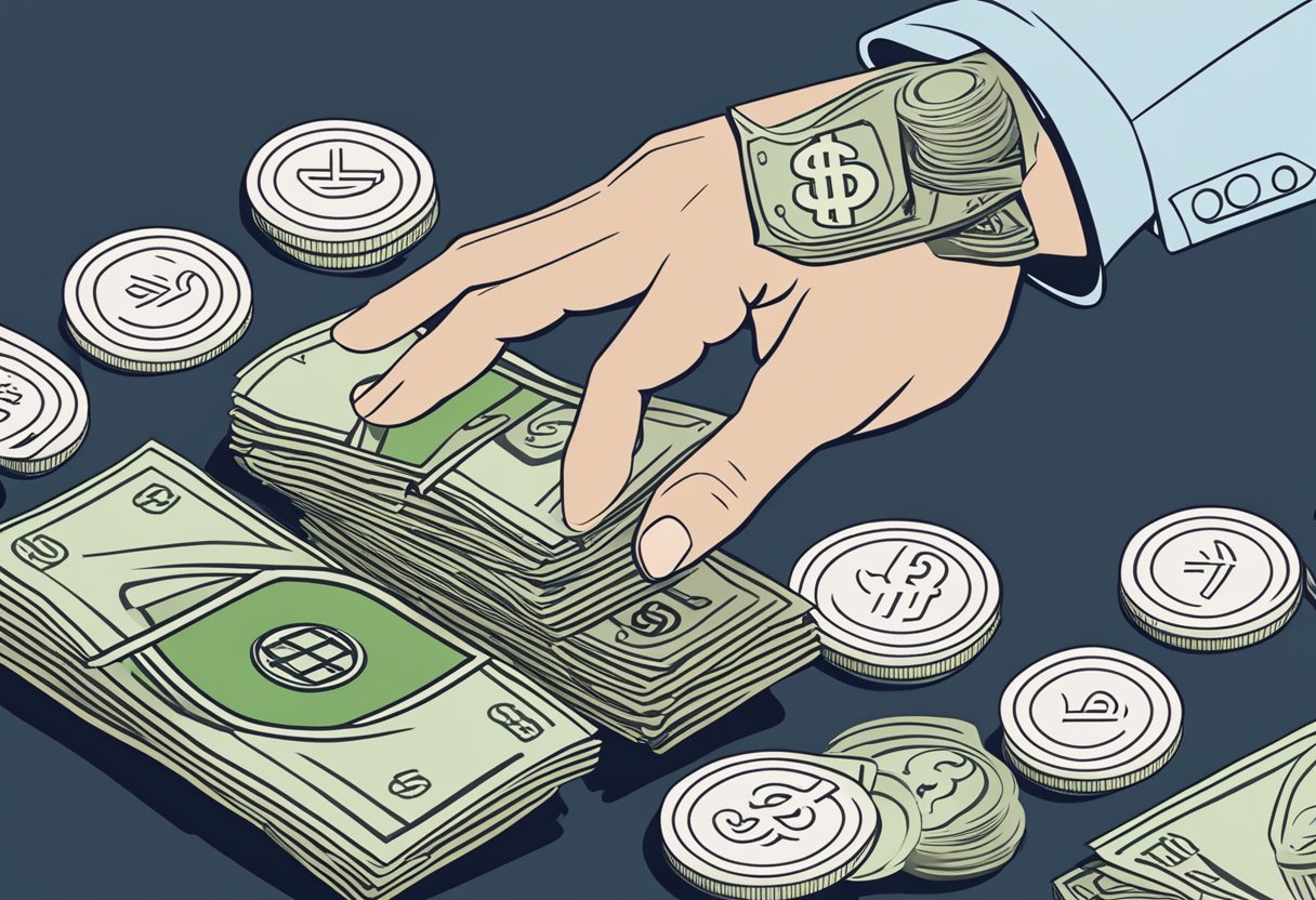A hand holding a stack of Singapore dollars, transferring them to yen with a digital device. Exchange rate charts and currency symbols in the background