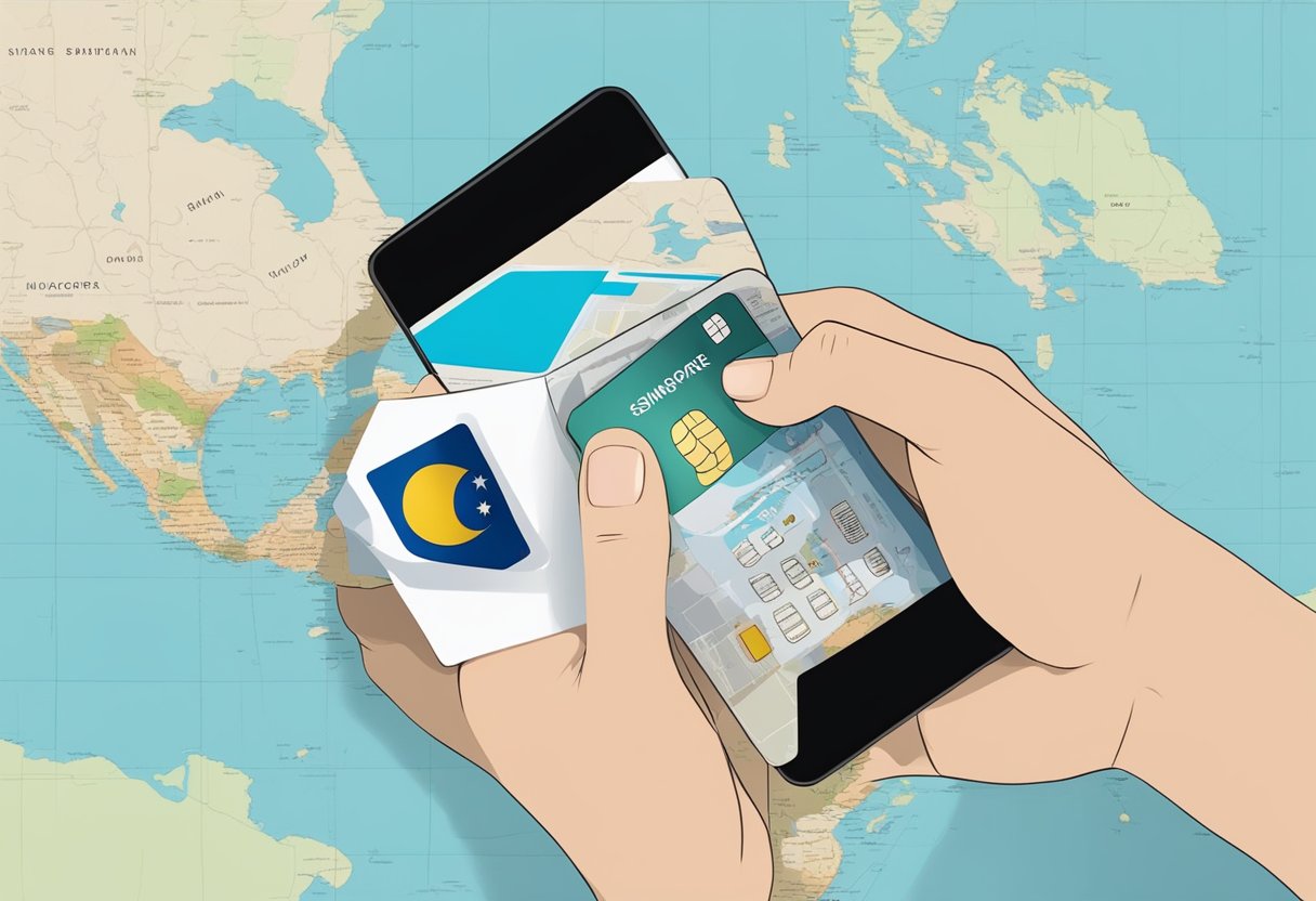 A hand holding a SIM card with a Singapore flag design, surrounded by a smartphone, passport, and travel map