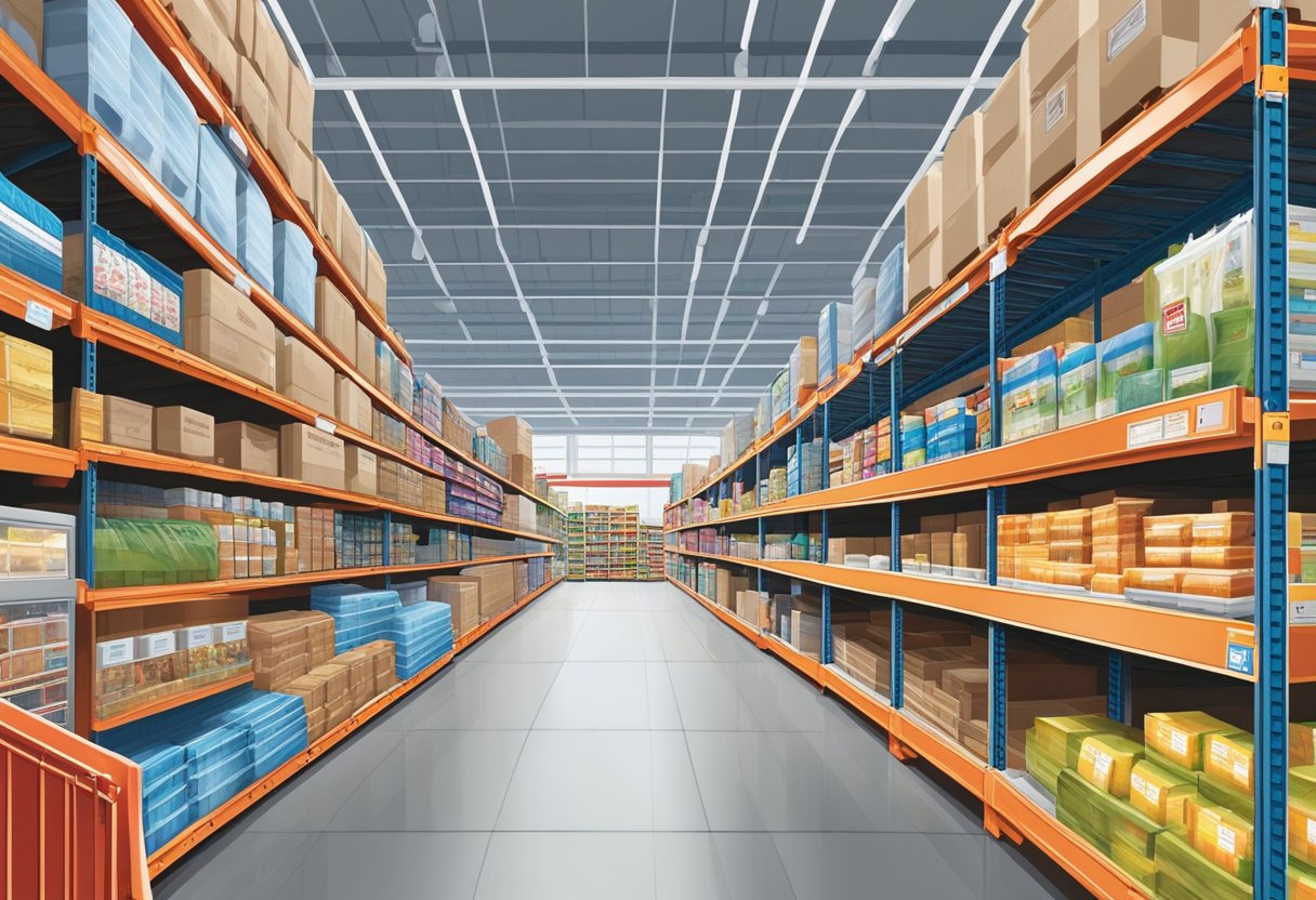 Costco Singapore: A bustling warehouse with towering shelves, filled with a variety of products. Customers navigate the aisles, pushing trolleys and browsing the wide selection
