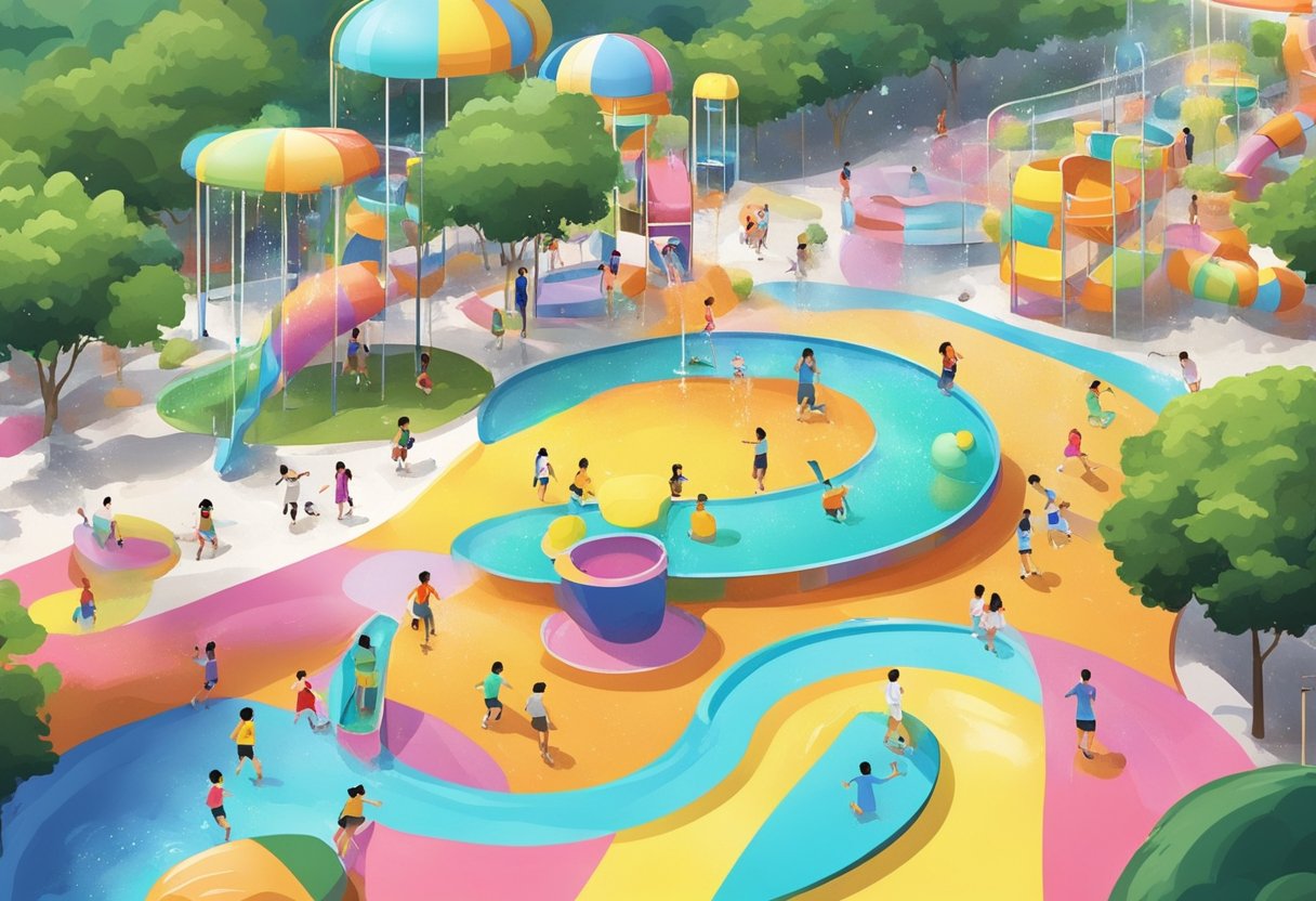 Children splashing in colorful water features at a Singapore water playground. Bright slides, fountains, and interactive structures create a vibrant and playful atmosphere