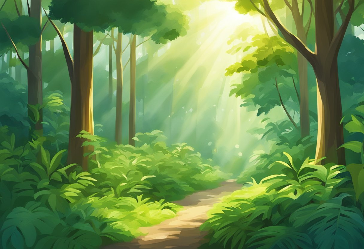Sunlight filters through lush green foliage in Woodlands, Singapore. Tall trees stand amidst vibrant flora, creating a serene and peaceful atmosphere