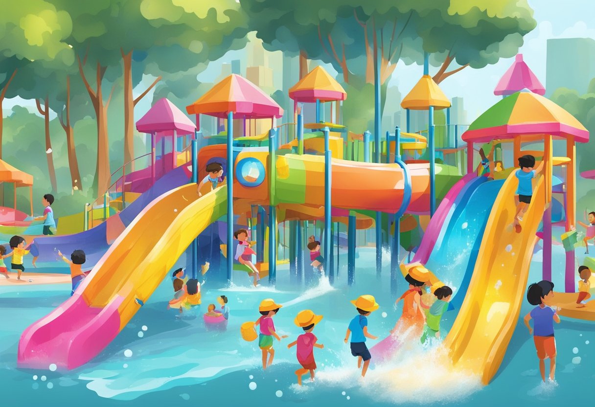 Children laughing and splashing in colorful water features at a vibrant water playground in Singapore. Bright slides, fountains, and interactive structures create a fun and lively atmosphere