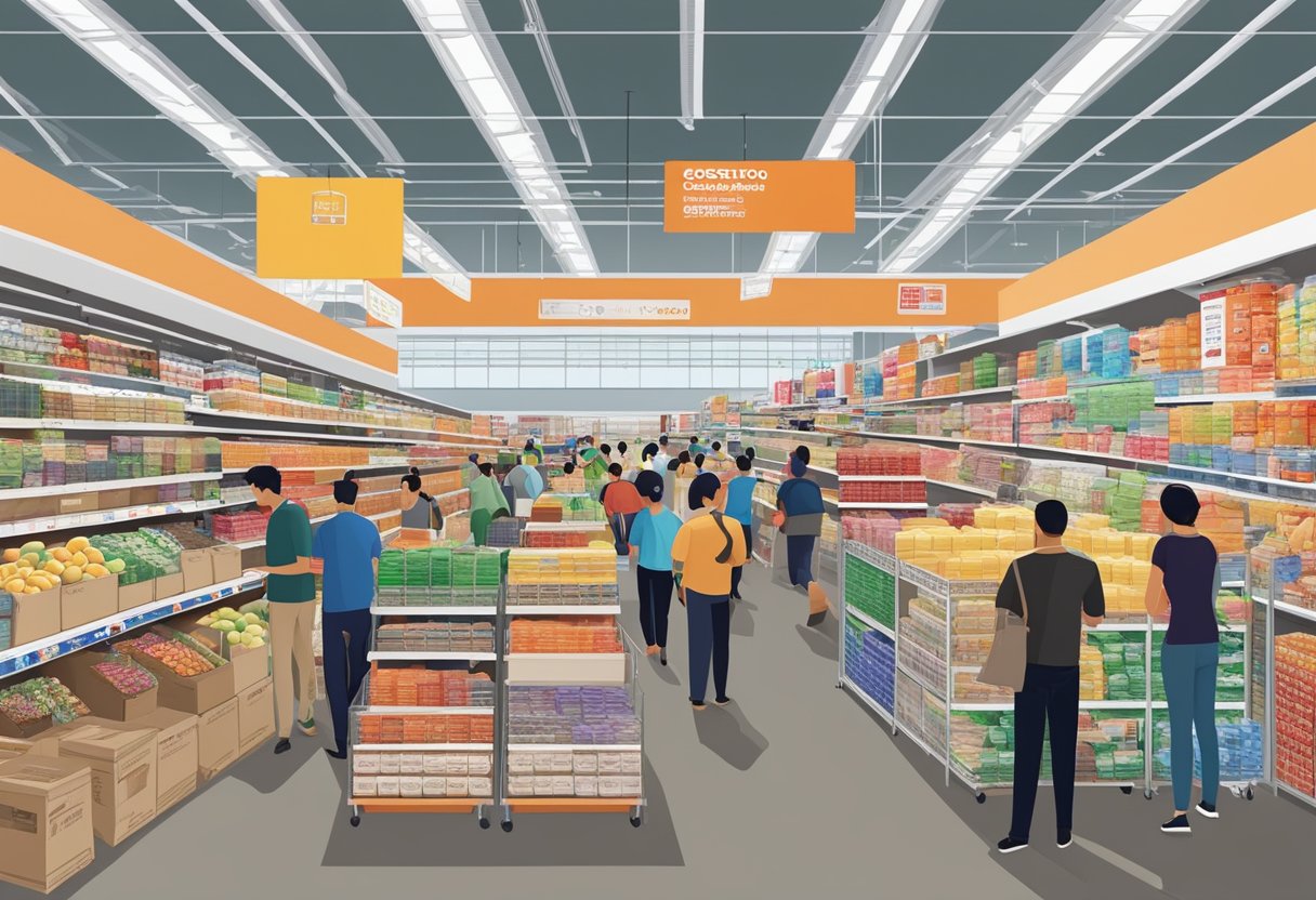 A crowded Costco store in Singapore, with shelves stocked with various products and a sign displaying the Membership and Benefits information prominently