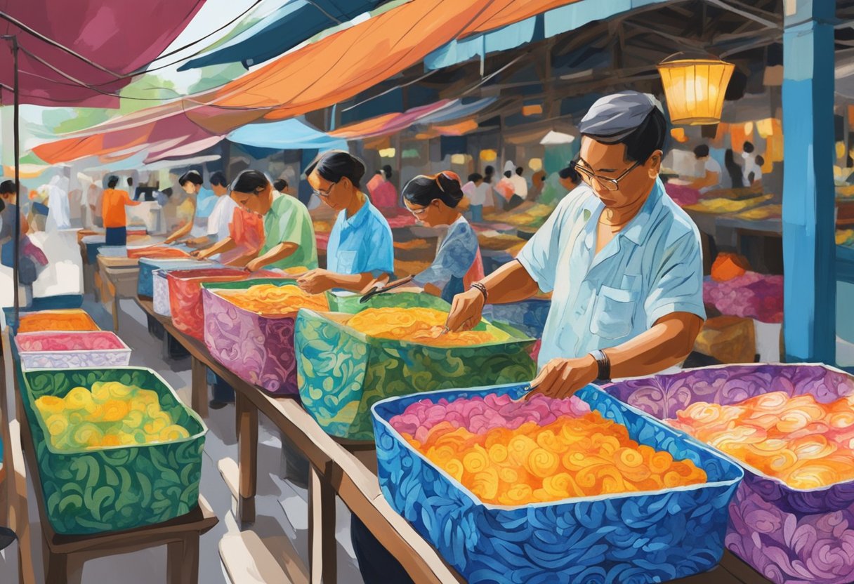 Vibrant batik patterns adorn a bustling Singapore street market, with skilled artisans meticulously applying wax and dye to fabric