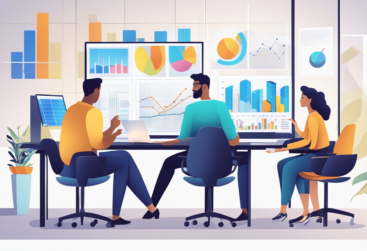 A group of diverse professionals brainstorming ideas in a modern office setting, with charts, graphs, and technology visible