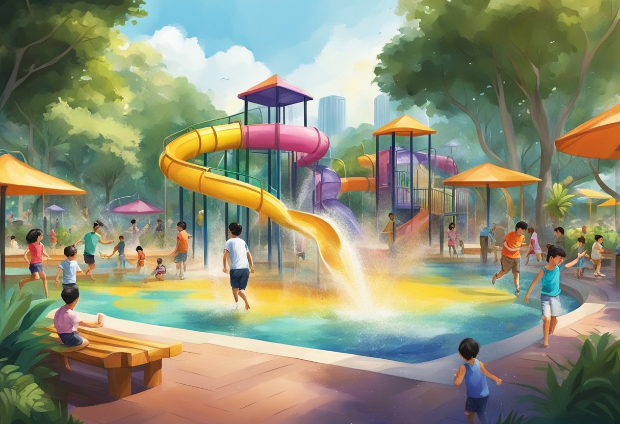 Children laughing and splashing in colorful water features, surrounded by lush greenery and shaded seating areas at a vibrant water playground in Singapore
