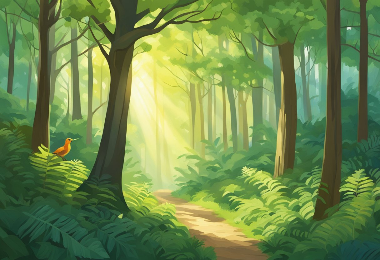 Sunlight filters through lush green foliage in Woodlands, casting dappled shadows on the forest floor. Tall trees stand sentinel over a meandering trail, while colorful birds flit between branches