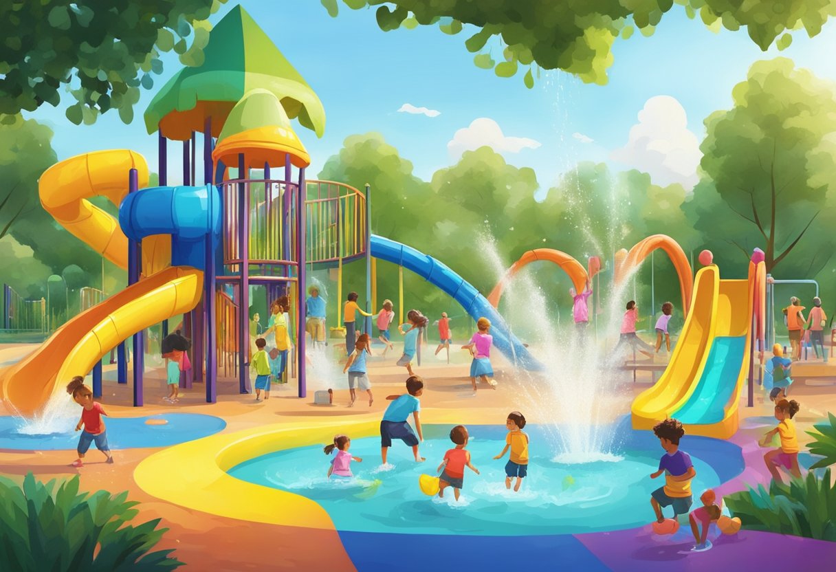 Children playing in a colorful water playground with slides, fountains, and water sprays, surrounded by lush greenery and happy families in the background