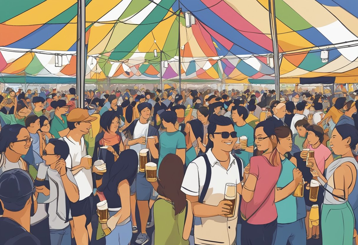 Crowds gather under colorful tents at Beerfest Singapore, clinking glasses and enjoying live music. A variety of beer brands are on display, with vendors serving up frothy pints to eager festival-goers