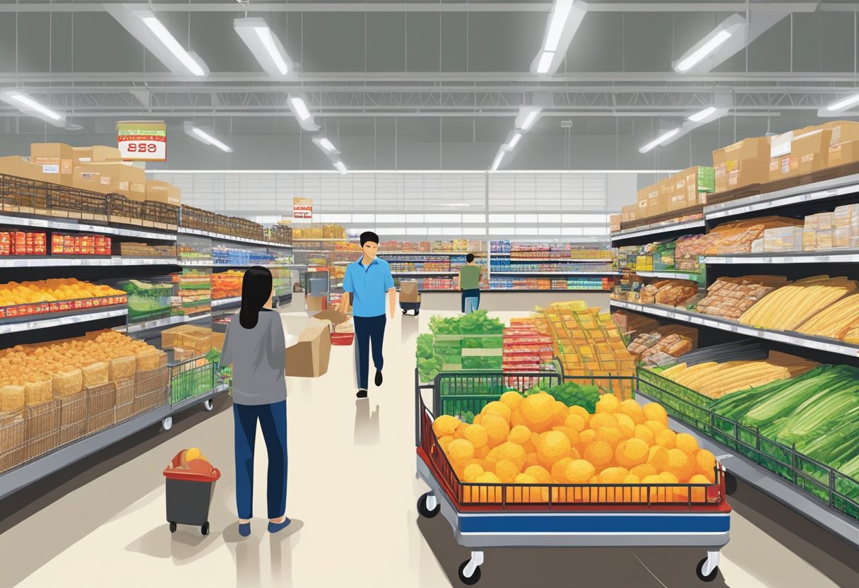 Customers browse aisles of bulk goods at Costco Singapore, pushing carts and selecting items. Bright lighting and large signage create a spacious and inviting atmosphere