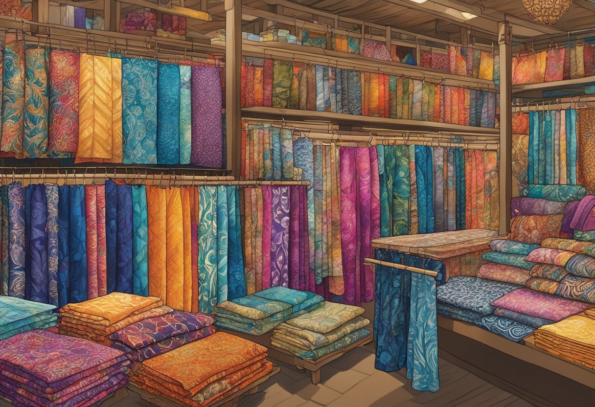 A colorful display of traditional batik fabrics hangs in a bustling Singapore market, showcasing intricate patterns and vibrant colors