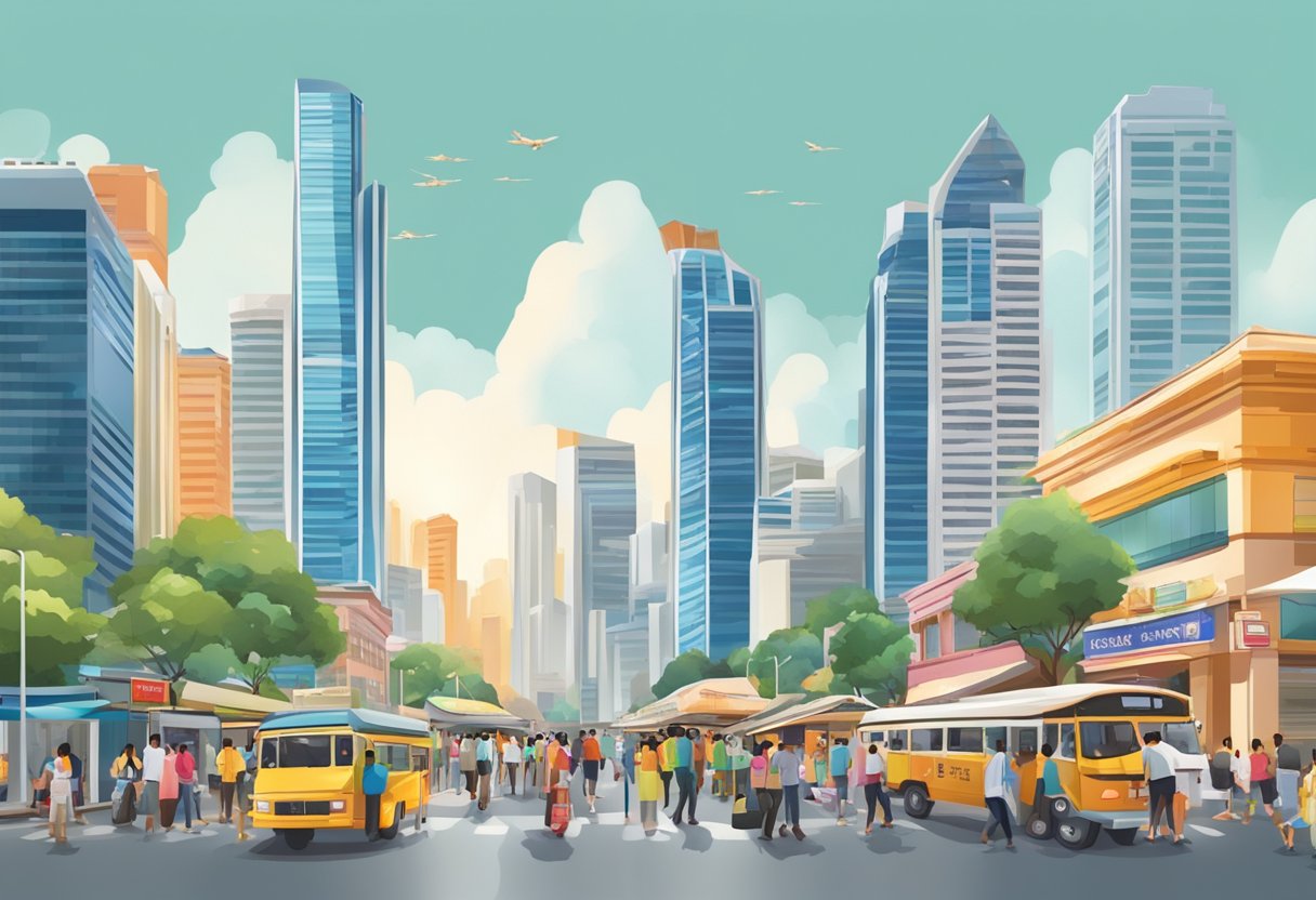 A bustling street in Singapore, with iconic skyscrapers and vibrant street vendors, showcasing the fusion of modernity and tradition in the city