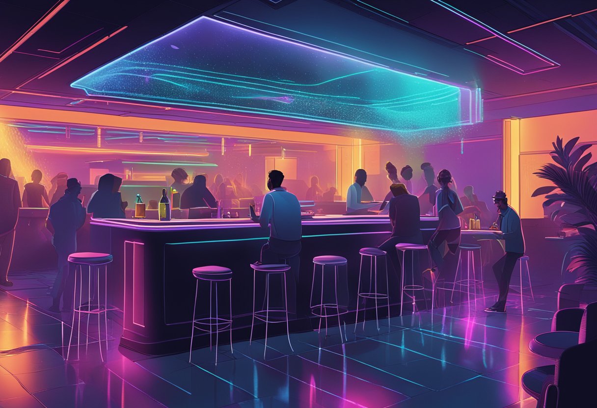 A dimly lit room with neon lights, a sleek bar, and a DJ booth. Smoke fills the air as patrons dance under cascading water droplets
