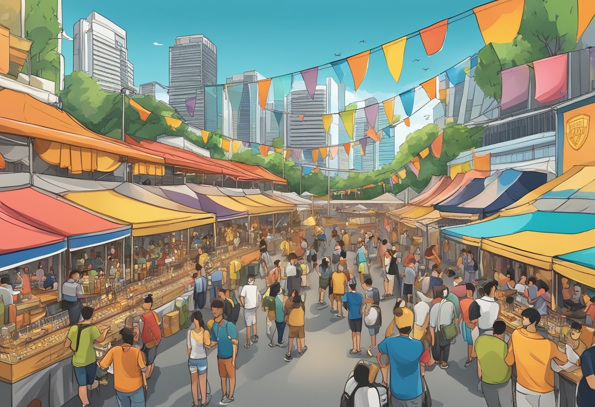 The beerfest venue in Singapore is bustling with lively music, colorful banners, and rows of beer booths serving up a variety of brews