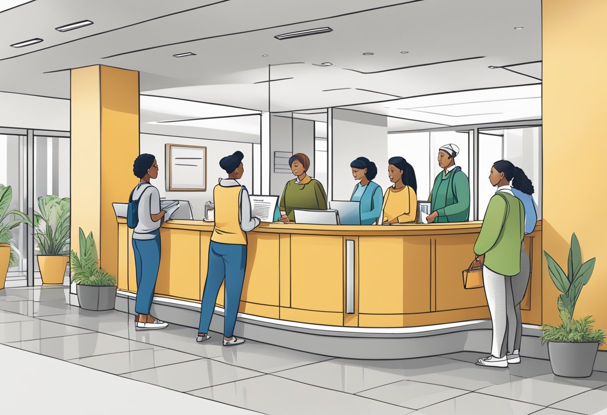 Customers lining up at the information desk, browsing a list of frequently asked questions, while staff members assist others