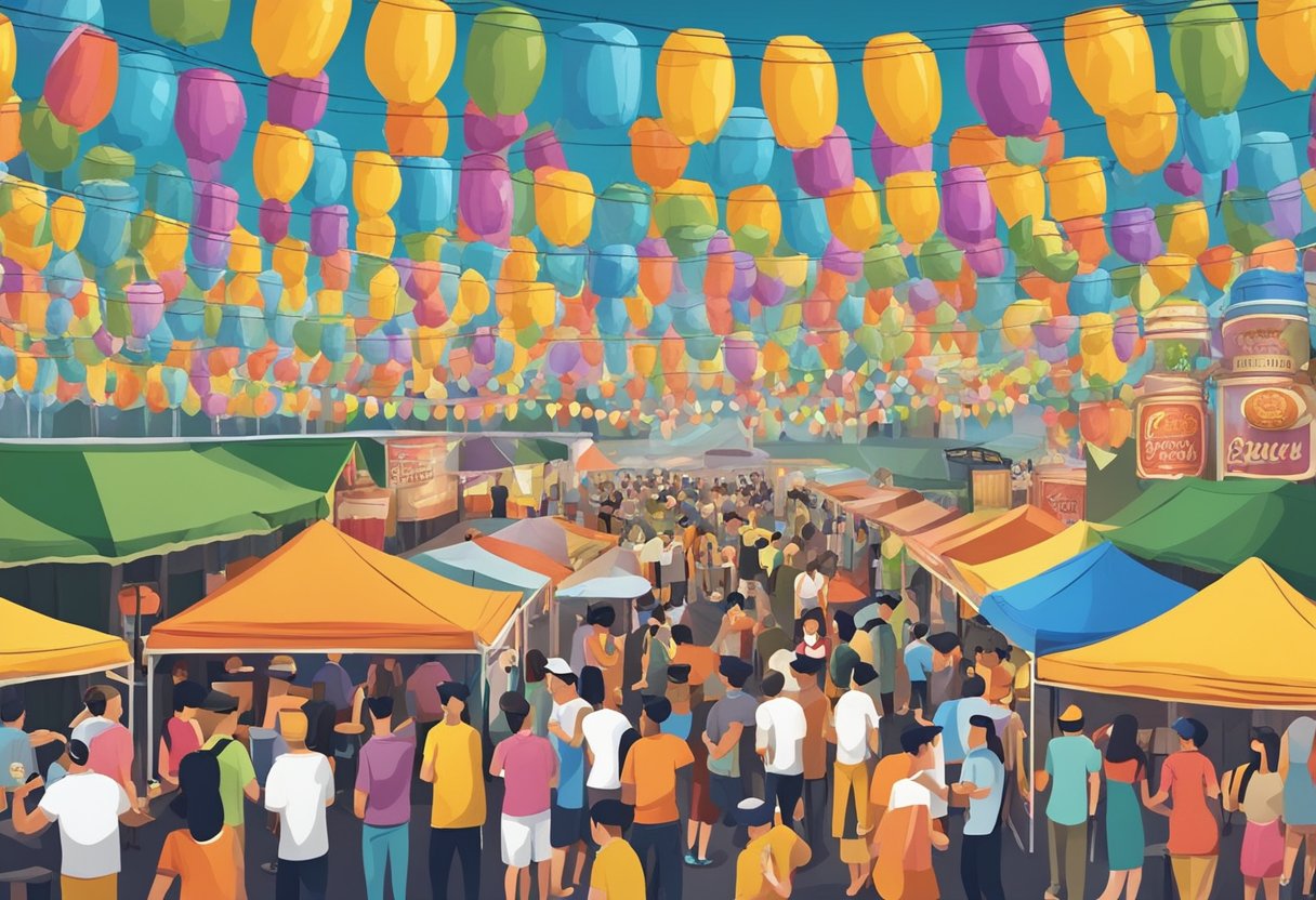 Crowds gather around colorful beer stalls at Beerfest Singapore, with lively music and festive decorations creating a vibrant atmosphere