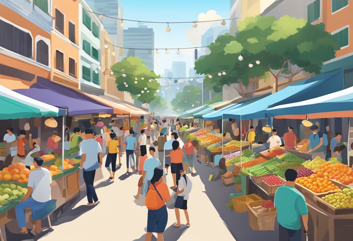 A bustling street market in Binomio, Singapore, with colorful stalls, exotic fruits, and bustling crowds