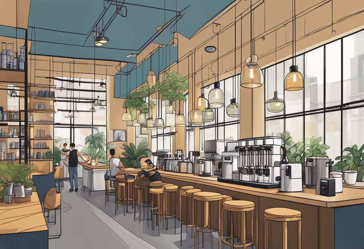 A colorful array of drip coffee machines and brewing equipment fills the modern, sleek interior of Drip Club Singapore. The atmosphere is buzzing with energy as patrons explore the various coffee options available