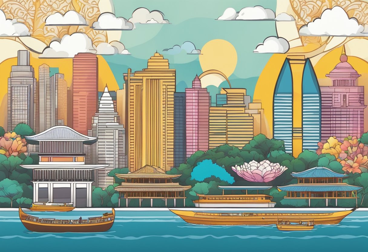 Colorful batik patterns displayed on a backdrop of Singapore landmarks and symbols