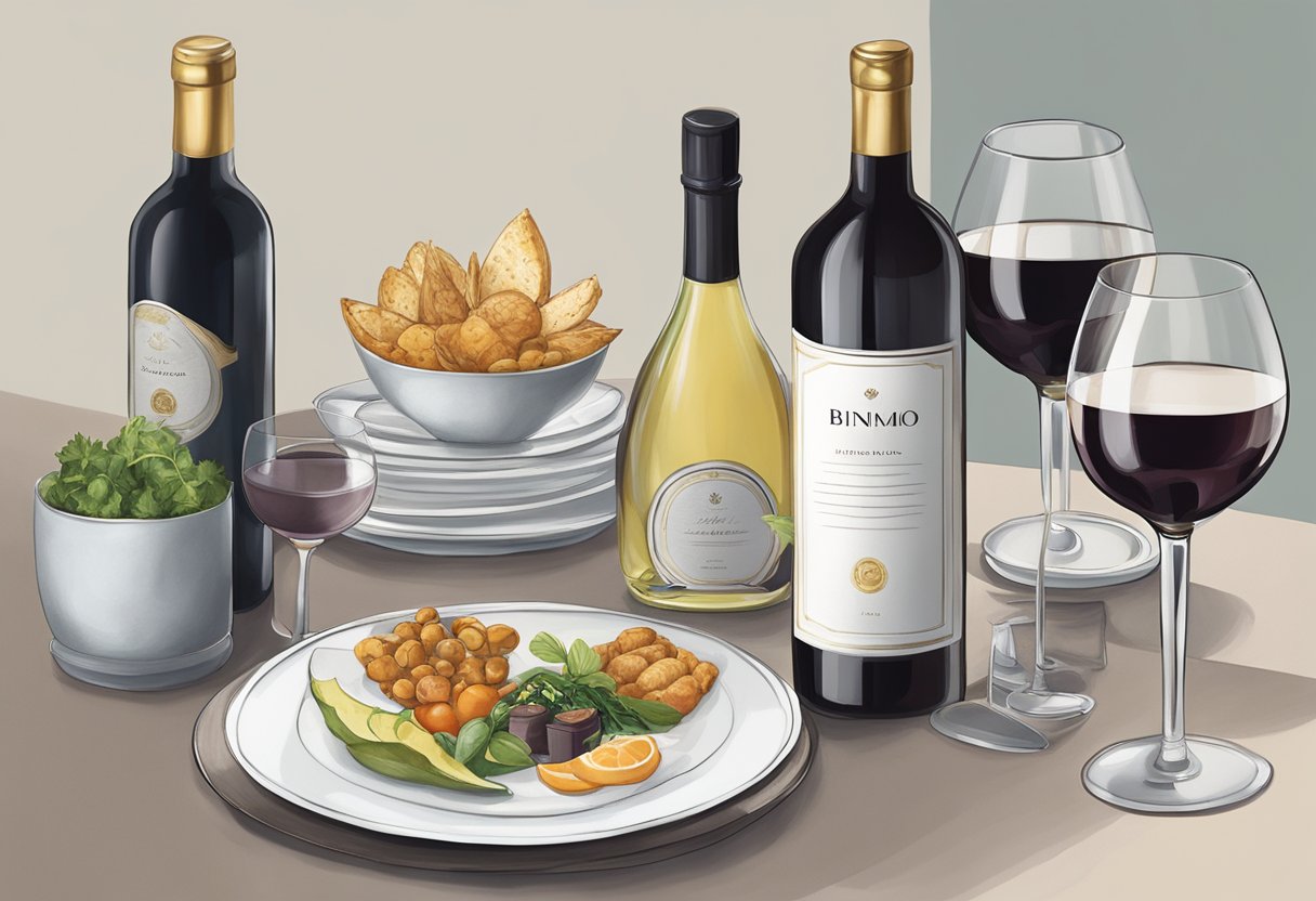 A table displays a menu and offerings from Binomio Singapore. Wine bottles and tapas plates accompany the elegant display