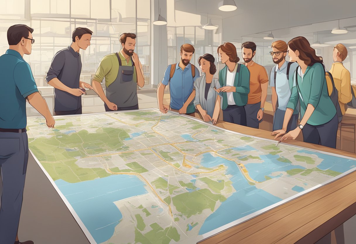 Visitors gather around a large map, pointing and discussing their route. A sign reads "Planning Your Visit" above a counter