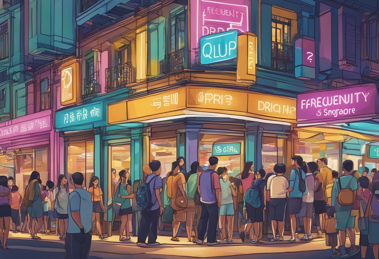 A vibrant sign for "Frequently Asked Questions drip club singapore" hangs above a bustling street, with people eagerly entering the trendy establishment