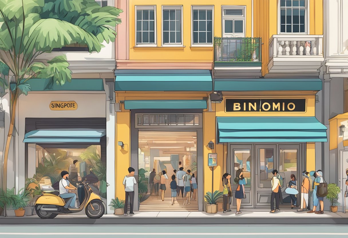 A binomio singapore sign surrounded by curious onlookers