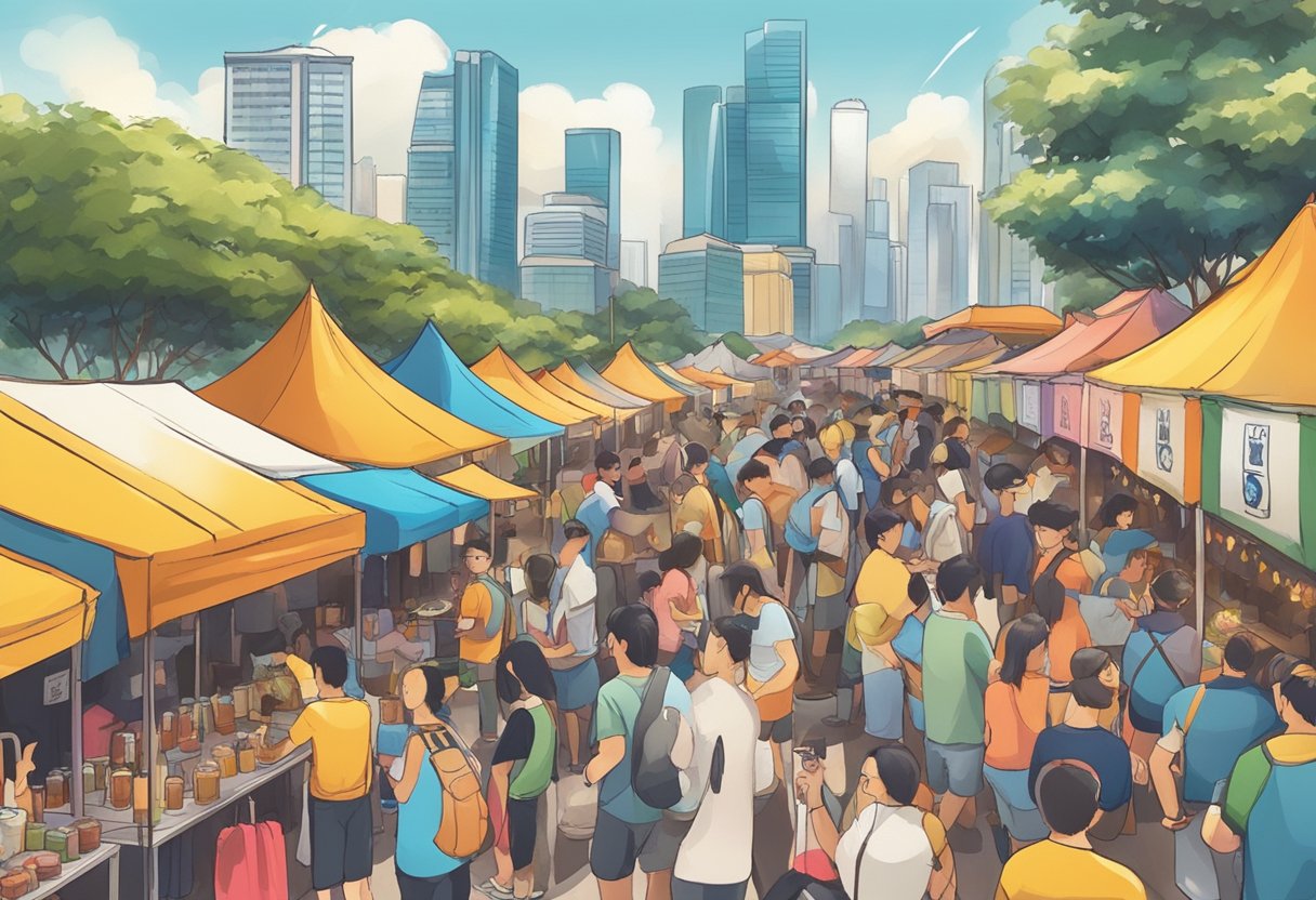 A bustling beerfest in Singapore, with rows of colorful stalls, lively music, and people enjoying various beer tastings and activities