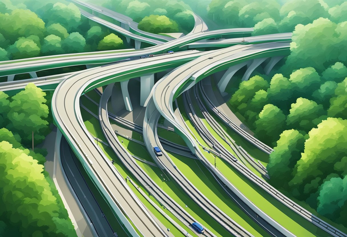Lush green trees surround a modern transportation hub in Woodlands, Singapore. Highways and train tracks intersect, symbolizing connectivity