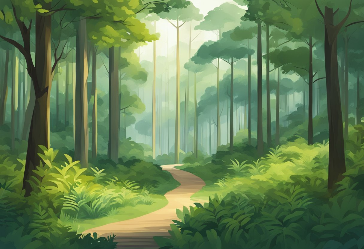 A serene forest clearing with a sign reading "Frequently Asked Questions Woodlands Singapore" surrounded by lush greenery and tall trees
