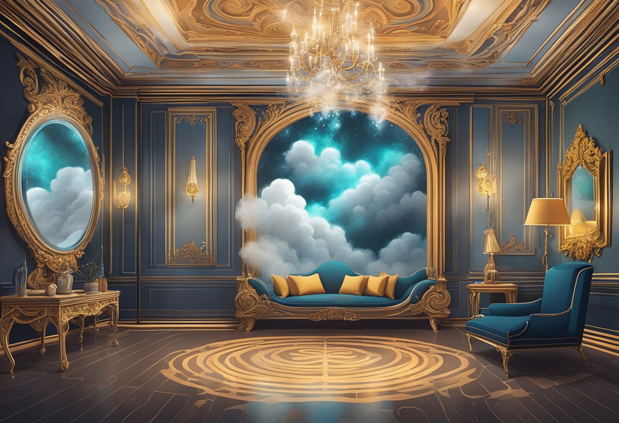 A dense cloud of smoke swirls around a large, ornate mirror in a dimly lit room. The mirror reflects the colorful lights and intricate patterns of the surrounding space