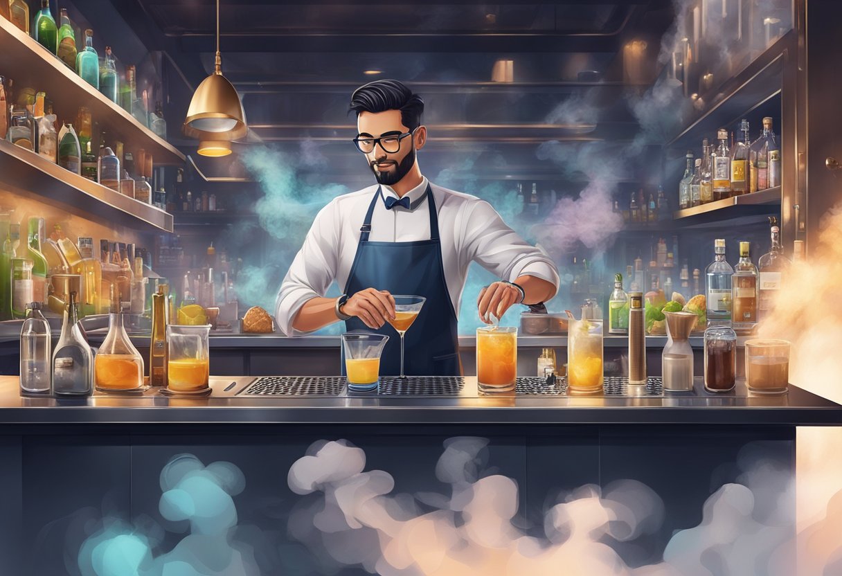 A bartender expertly pours and mixes ingredients, surrounded by swirling smoke and reflections in a sleek, modern bar in Singapore