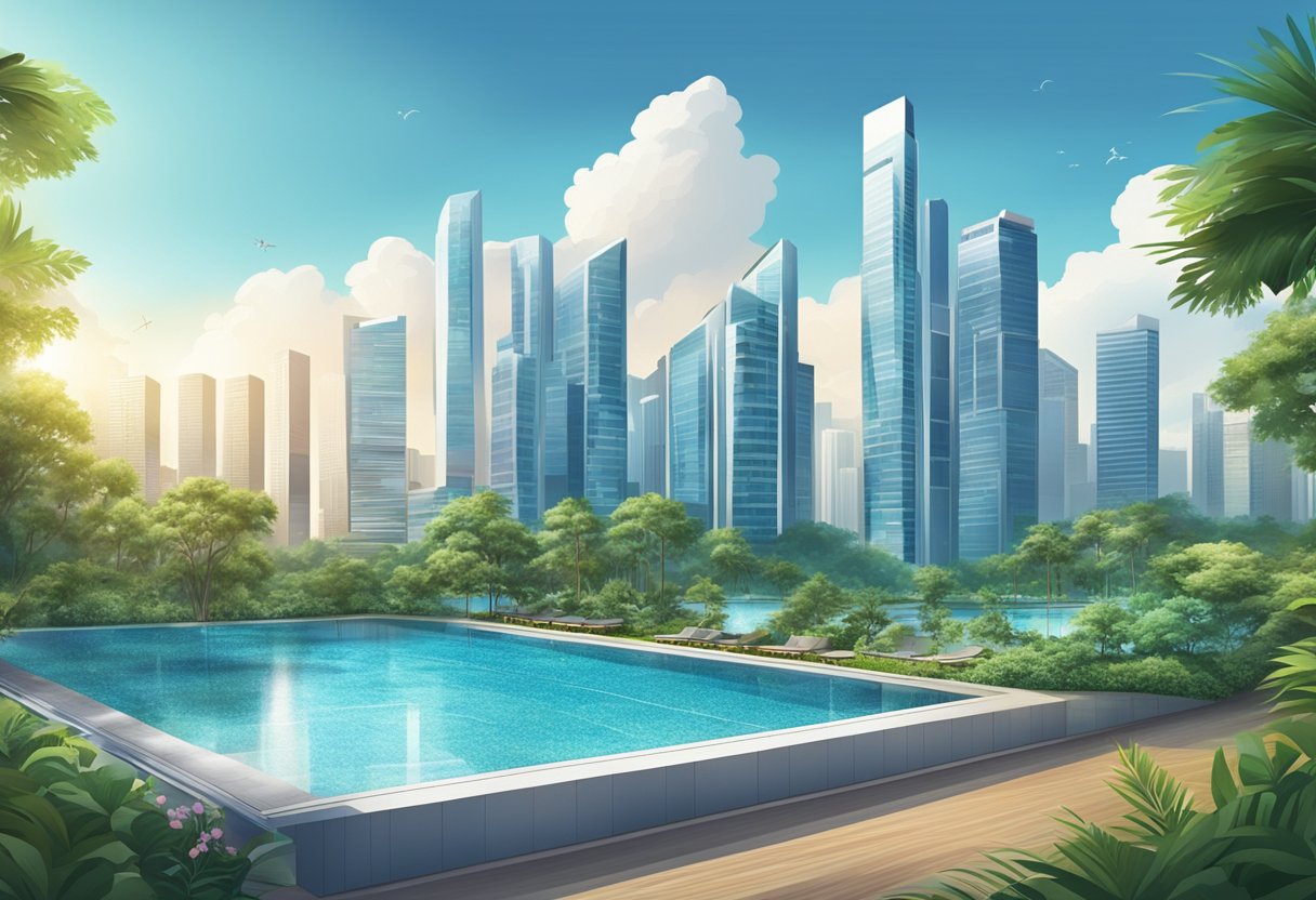 A sparkling swimming pool in Singapore, surrounded by lush greenery and modern architecture, with the city skyline in the background