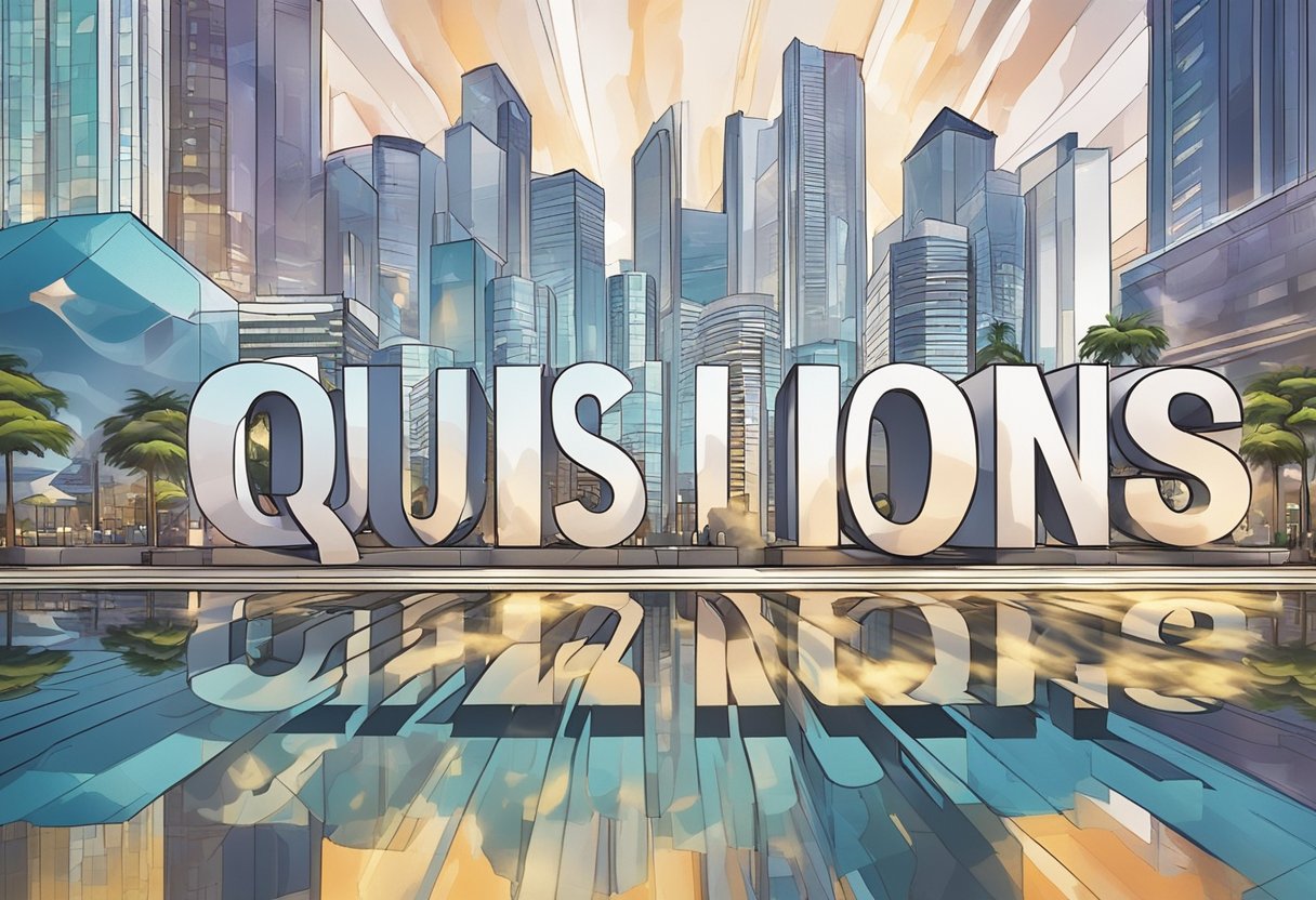 The words "Frequently Asked Questions" are displayed in bold letters against a backdrop of swirling smoke and reflective mirrors in the bustling city of Singapore