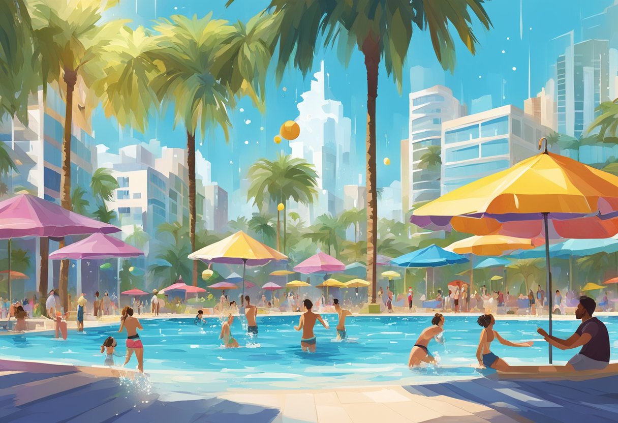 People splashing in a large, sparkling pool surrounded by palm trees and colorful umbrellas, with a backdrop of modern buildings and a clear blue sky