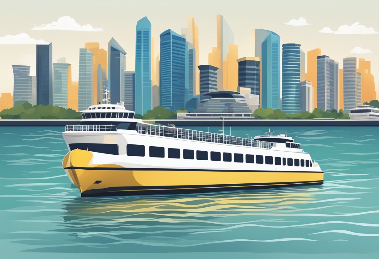 The ferry cruises across the shimmering waters from Batam to Singapore, with the city skyline in the distance