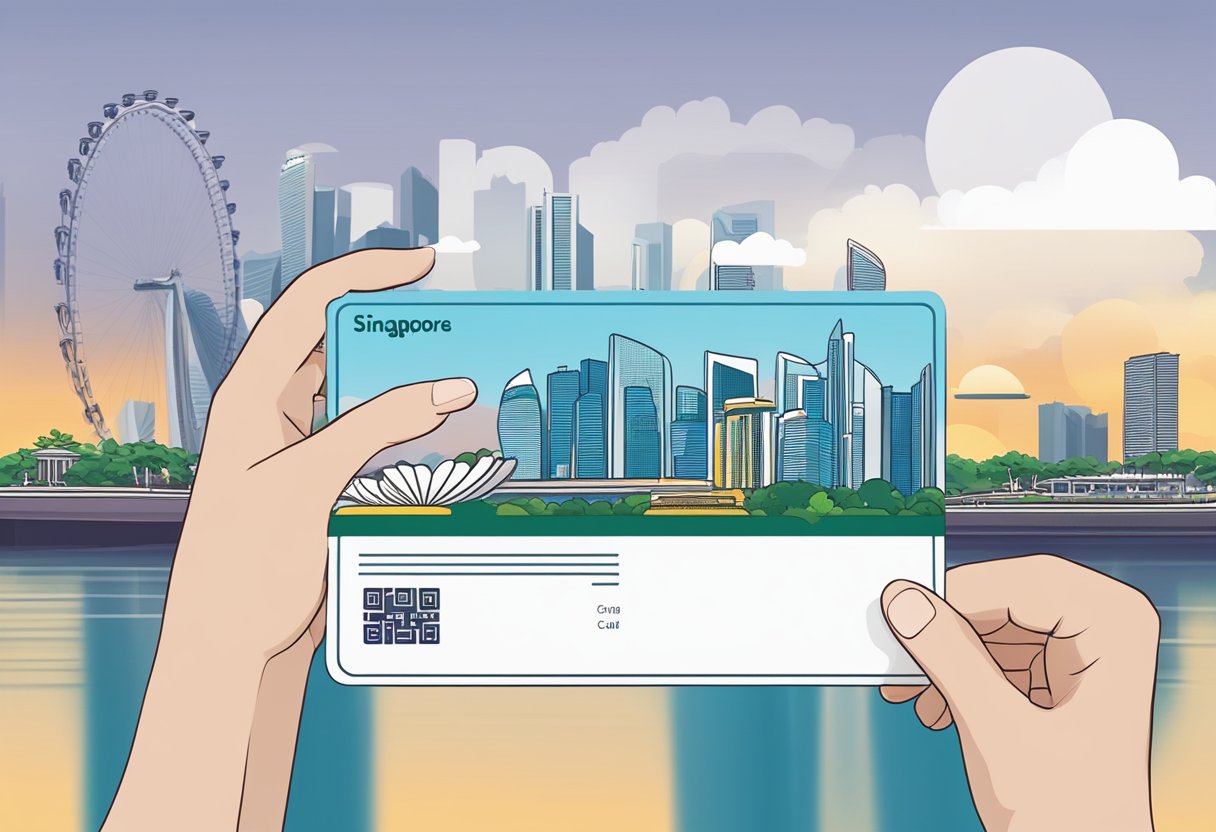 A hand holding an electronic arrival card with the Singapore skyline in the background