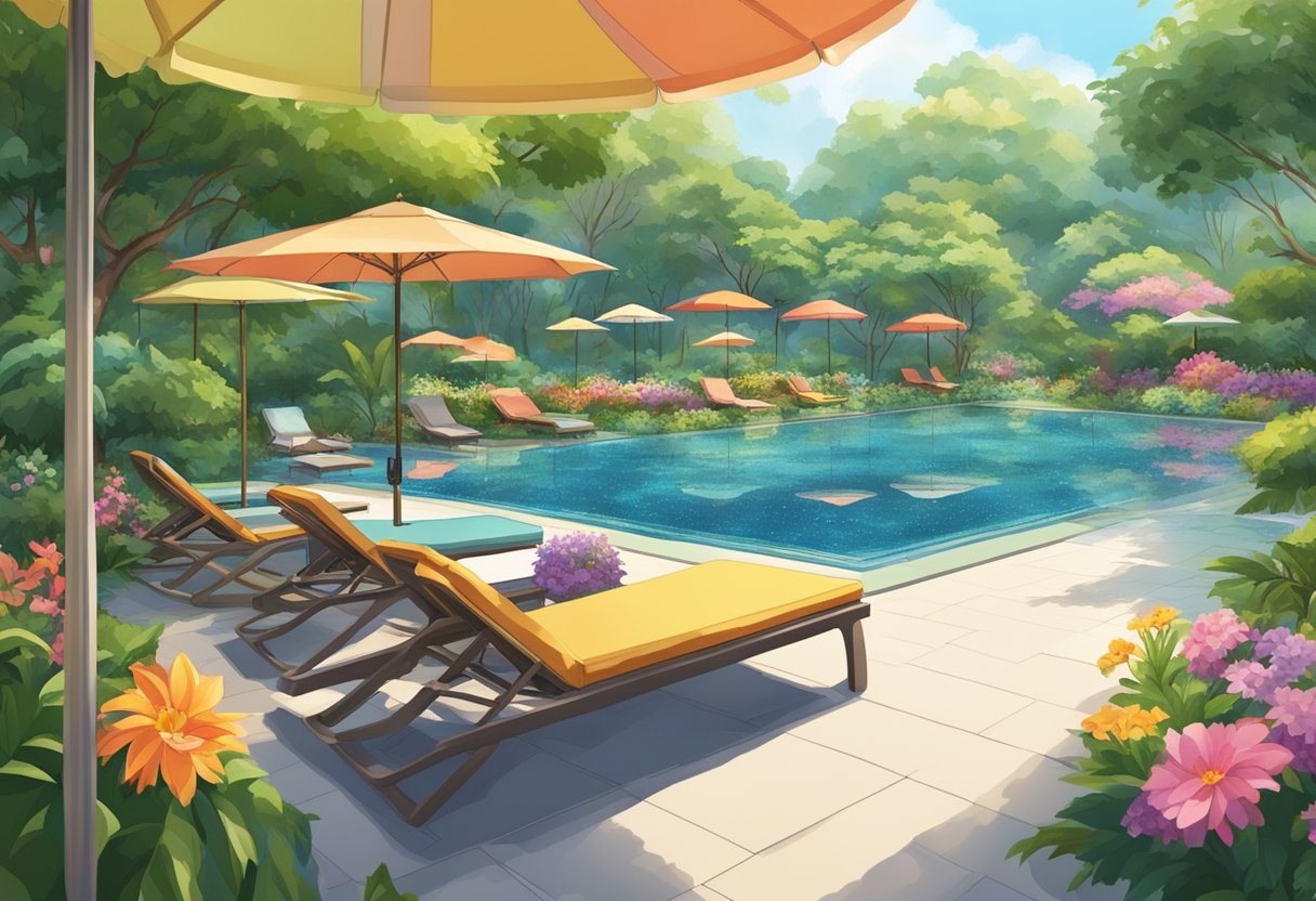 A sparkling swimming pool with lounging chairs and umbrellas, surrounded by lush greenery and colorful flowers, creating a relaxing oasis for enthusiasts and families in Singapore