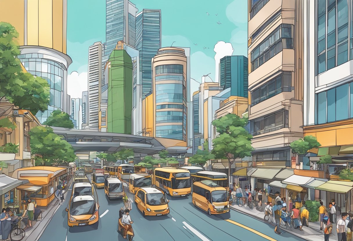 A bustling street in Singapore, with tall buildings and bustling activity