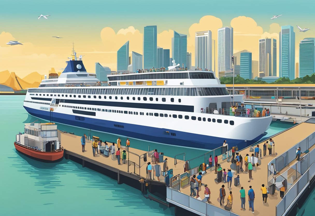 Passengers board a ferry at the Batam terminal, with the Singapore skyline in the distance. The ferry is docked, with crew members helping load luggage onto the vessel